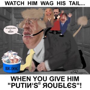 cartoon of Johnson as Putin's poodle