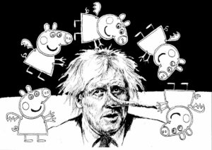 Cartoon of Boris Johnson with A Pinocchio nose and flying Peppa Pigs
